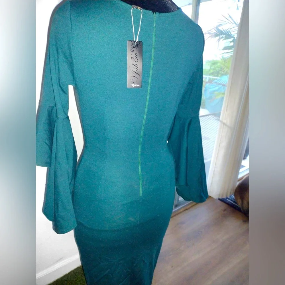 NWT Vfshow Bell Ruffle Sleeve Bodycon Midi Dress Dark Green Blue XS - Picture 7 of 11